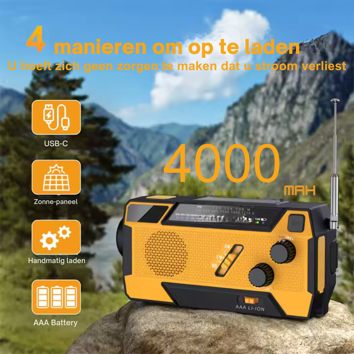 ALL Round Noodradio – AM/FM – Zonne-energie & Handzwengel – 4000 mAh Powerbank Zaklamp Ingebouwd Laad Kabels Zonnepaneel