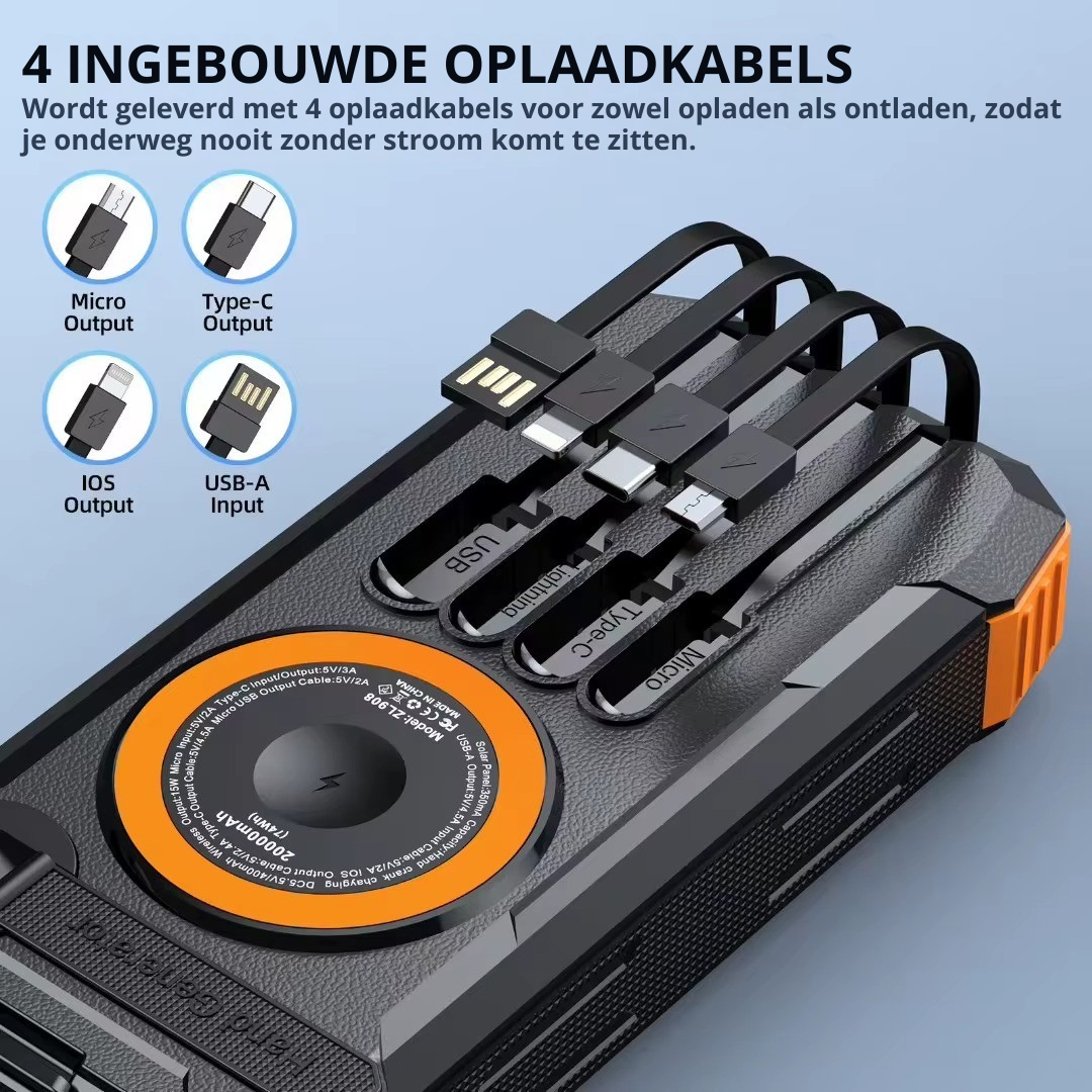20.000 mAh Powerbank met Zonne-Paneel – met handzwengel & Magsafe Snellader voor iPhone, vliegtuig-proof.