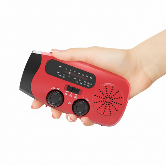 Draagbare Noodradio – Rood | Solar, Opwindbaar & USB‑C Opladen | Zaklamp, Powerbank & SOS‑Alarm