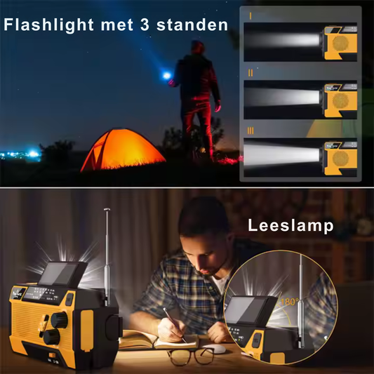ALL Round Noodradio – AM/FM – Zonne-energie & Handzwengel – 4000 mAh Powerbank Zaklamp Ingebouwd Laad Kabels Zonnepaneel